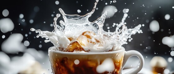 Coffee splashing in a cup with creamy froth