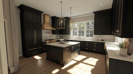 Luxurious Modern Kitchen Design with Black Cabinets and Gold Accents