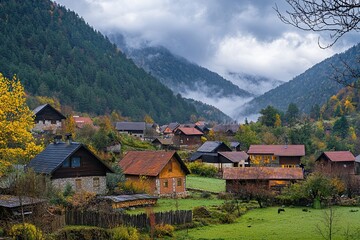 Obraz premium Misty mountain village with autumnal foliage and traditional houses.