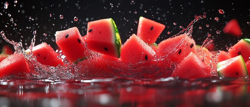 Fresh watermelon splashing in water.