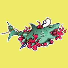 Detailed illustration of a shark being pierced with a harpoon and the blood spreading underwater, in color, with a white sticker border