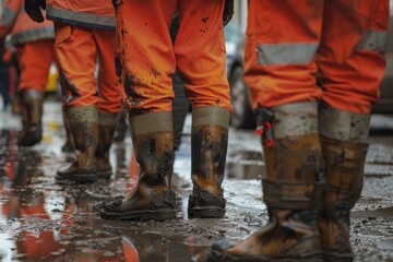 Team of Emergency Workers in Muddy Rubber Boots Assessing Situation, Natural Disaster Aftermath.