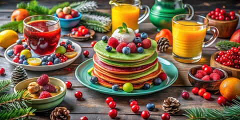 Fototapeta premium Christmas Brunch Spread - Festive Pancakes and Drinks