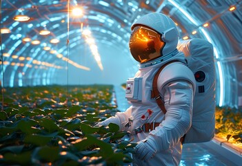 An astronaut in a spacesuit examines vibrant plants in a high-tech greenhouse. The setting showcases a blend of space exploration and advanced agricultural techniques.