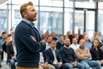 Motivation and Inspiration Day.A man giving a presentation viewed from behind in a modern industrial-style conference room filled with an audience.