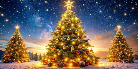 Christmas Tree Night Photography, Festive Holiday Scene, Magical Lights