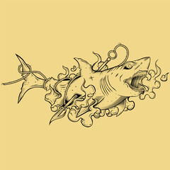 Detailed illustration of a shark being pierced with a harpoon and the blood spreading underwater, outline only