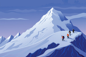 A breathtaking panoramic view of a snow-capped mountain peak, with a team of climbers ascending, using ropes and ice axes, against a vibrant blue sky.