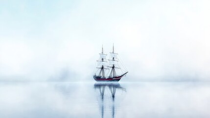 A lone sailing ship glides serenely across a calm, misty sea, its reflection mirroring the tranquil scene.