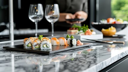 National Buffet Day.Elegant sushi platter with fresh salmon and rice, paired with white wine in a luxurious dining atmosphere.
