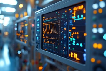 Naklejka premium A modern hospital monitor displaying abnormal heart rates, highlighting the medical urgency of heart failure care. Generative AI
