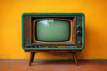 Vintage Green and Wooden Television Against a Yellow Wall