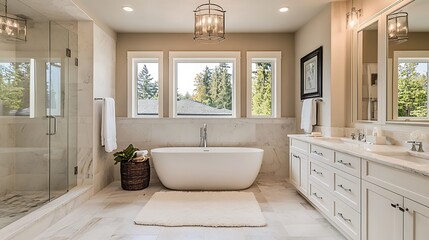 Modern bathroom with neutral color palettes soft lighting and sleek contemporary fixtures