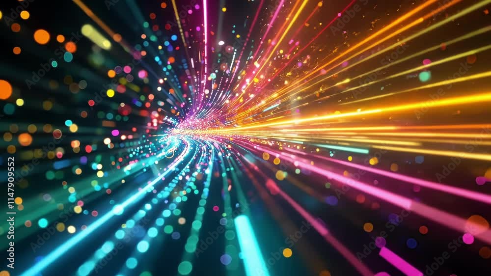 Poster big data flows through cyberspace as colorful particles and light trails, creating a futuristic and 