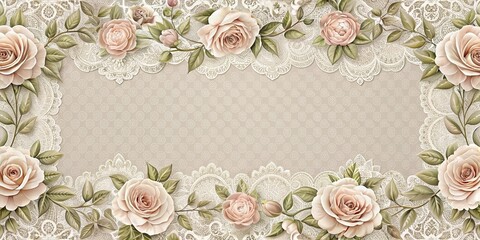 Elegant floral design with delicate lace border and pastel roses, perfect for romantic invitations or home decor