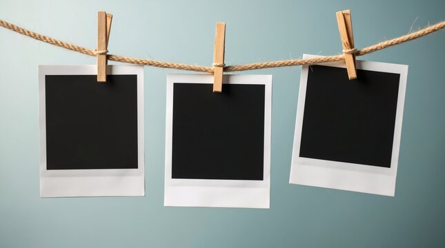 blank polaroid photos hanging on rope
