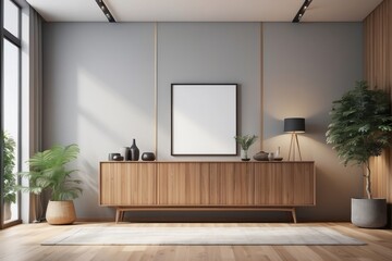Fototapeta premium Bright contemporary waiting room interior with wooden sideboard