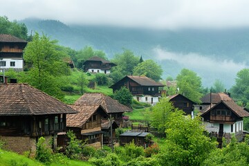 Obraz premium Misty mountain village with traditional wooden houses and lush greenery. (1)