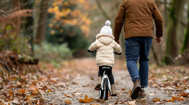Motivation and Inspiration Day. Father guiding a child on a bicycle through a leaf-covered autumn path.