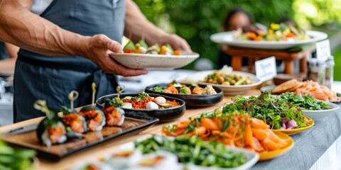 Obraz premium National Buffet Day.Close-up of sushi rolls with vibrant toppings on a buffet spread.