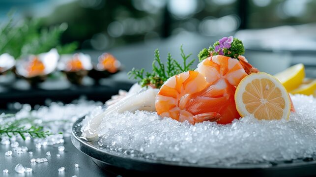 National Buffet Day.Gourmet seafood platter with shrimp, oysters, and garnishes served on ice. - Powered by Adobe
