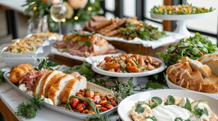 Fototapeta premium National Buffet Day. A beautifully decorated holiday table with salads, bread rolls, and appetizers.