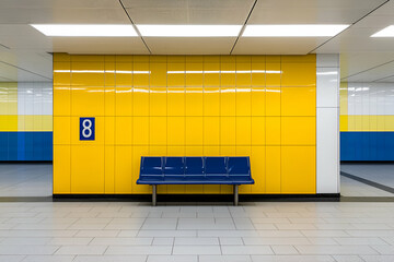 Subway Station, Yellow Walls, Blue Bench, Minimalist Design