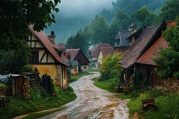 Misty, rain-soaked village street with quaint, historic houses.