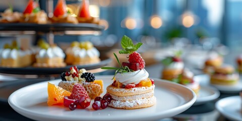 National Buffet Day.A close-up of an artistic dessert platter with layered pastries, fresh berries, and vibrant garnishes.