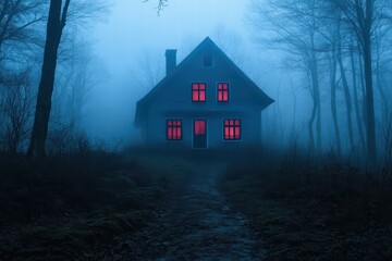 Creepy Haunted House in Foggy Forest with Eerie Red Windows