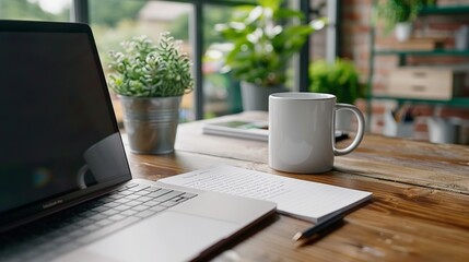 Fototapeta premium Motivation and Inspiration Day.A minimalistic home workspace with a laptop, coffee cup, and potted plant near a window.