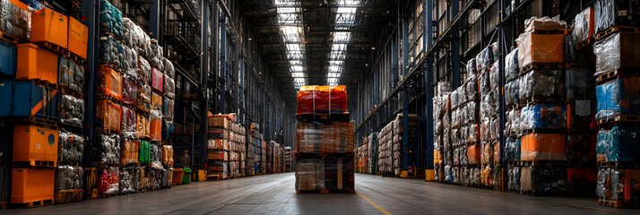 Industrial Warehouse, Pallets of Recycled Goods Stacked High
