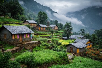 Mountain village houses terraced hillside, foggy day.
