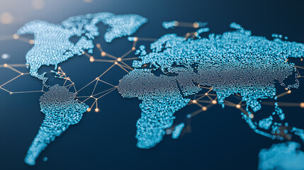 Digital world map with animated data points and connections, showcasing global networks