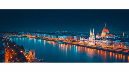 Naklejka premium Night Panorama, Cityscape with Illuminated River and Majestic Parliament Building
