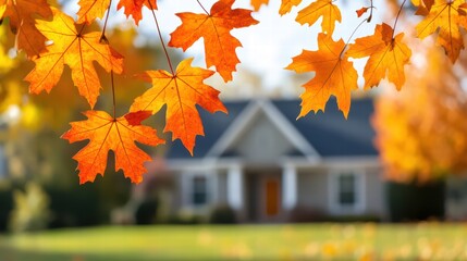 Vibrant Autumn Leaves Framing Cozy House in Fall Season