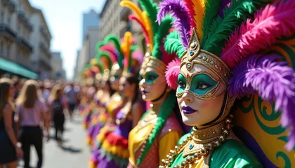 Colorful masked performer in vibrant street parade, festive celebration background