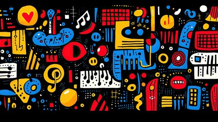 Obraz premium A vibrant abstract design featuring musical elements and colorful shapes.
