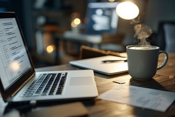 Motivation and Inspiration Day.A warm cup of coffee steaming on a wooden desk, illuminated by soft desk lighting, exuding relaxation and productivity.