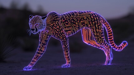 Bio-luminescent cheetah walking on sand at dusk.