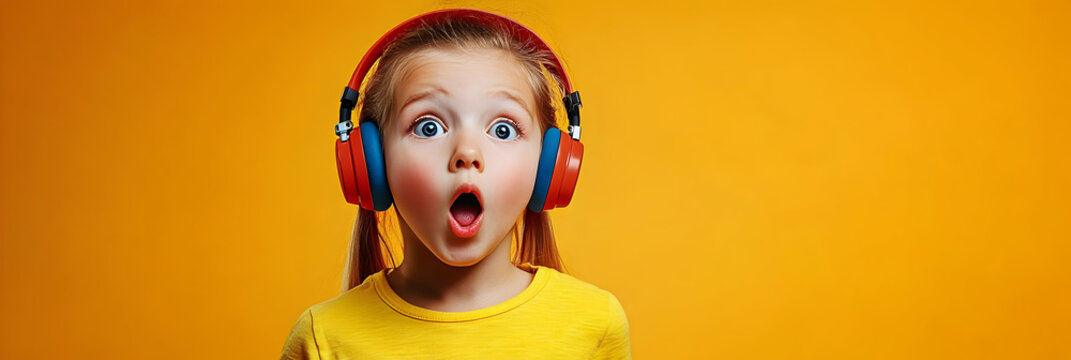 Child Wearing Headphones Amazed by Music, Joyful Expression, Vibrant Yellow Background