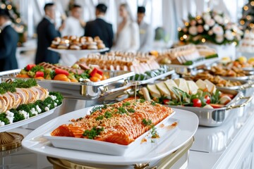 Obraz premium National Buffet Day.A luxurious spread of gourmet dishes including lasagna, salads, and bread rolls.
