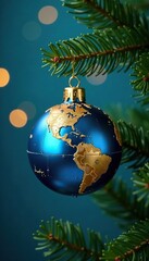 Blue and gold ornament in the shape of a globe suspended from a sprig of fir on a Christmas tree branch,, blue