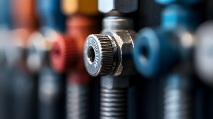Fototapeta premium Close-up of Industrial Valve, Precise Mechanical Detail in a Metal Fixture