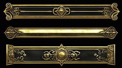 Golden game frames, medieval banners, buttons, ui menu elements, decorated gold borders with ornate rims. Empty royal gui bars for rpg or arcade, web design interface, Cartoon vector illustration