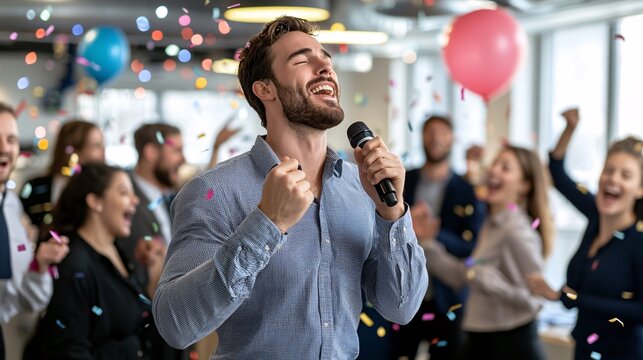 Working diverse celebrate festive concept. A joyful man sings into a microphone while a lively crowd celebrates with balloons and confetti in a vibrant indoor setting.