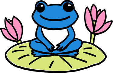 Blue Frog Meditating on Lily Pad with Blooming Flowers
