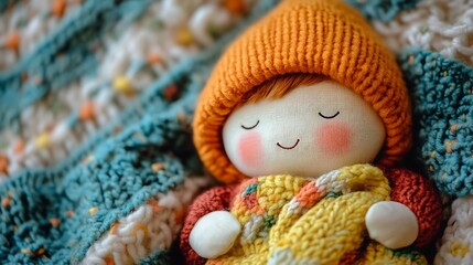 Cute handmade doll with bright cheerful clothing placed on a cozy blanket