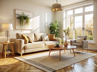 Fototapeta premium Minimalist Beige Living Room Sunlight AI Photo - Cozy Home Interior Design