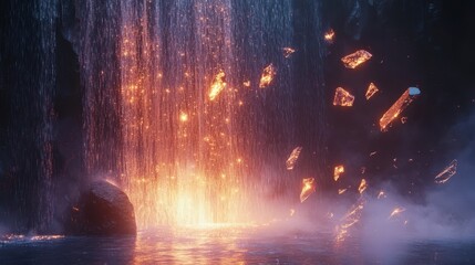 Fototapeta premium Glowing Waterfall Cascading Over Molten Rocks
